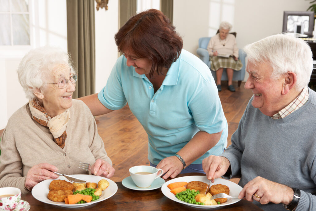 Senior Couple Being Served Meal By Carer Senior Couple Being Served Meal By Carer